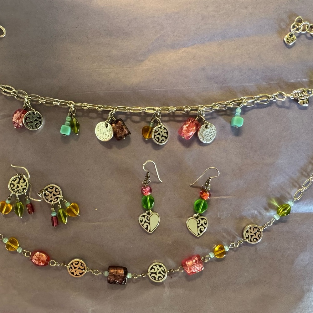 Brighton Pink, Green & Amber Charm Necklace and Earring Set